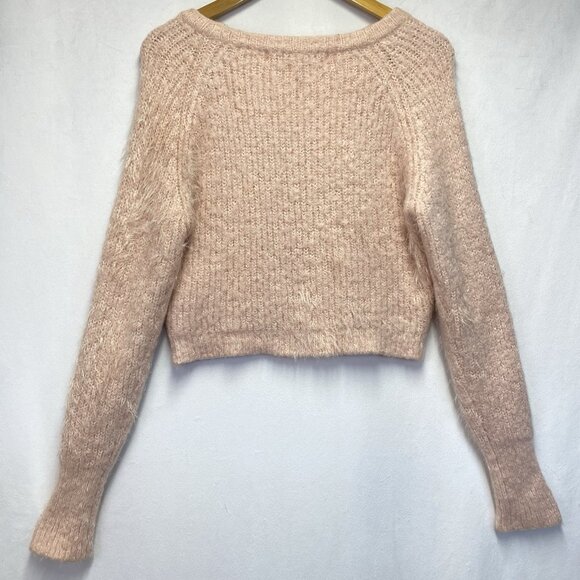 Lovers + Friends Fuzzy Eyelash Knit Cropped Sweater Women Medium Pink Crew-Neck - Picture 2 of 14